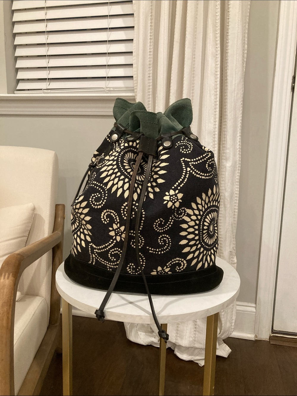 Lucky Brand Black and Cream Floral Drawstring Backpack with Green Trim